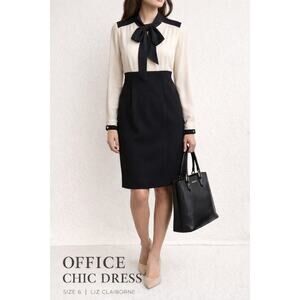 Liz Claiborne Black Cream Colorblock Tie Neck Dress Size 6